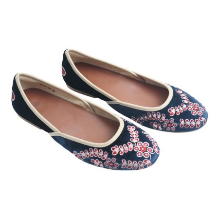 Blue velvet flats with red petals