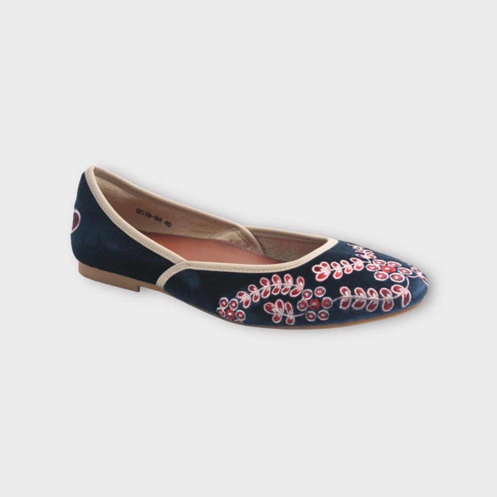 Blue velvet flats with red petals